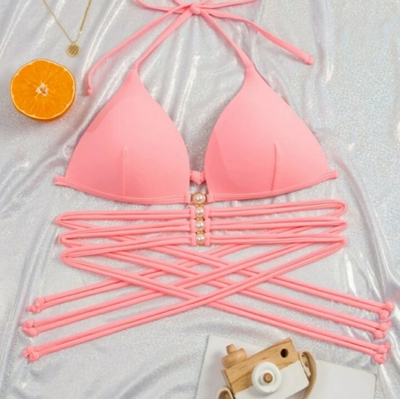 Solid Halter Push Up Top With Solid Tie Up Bottoms - Picture 6 of 13